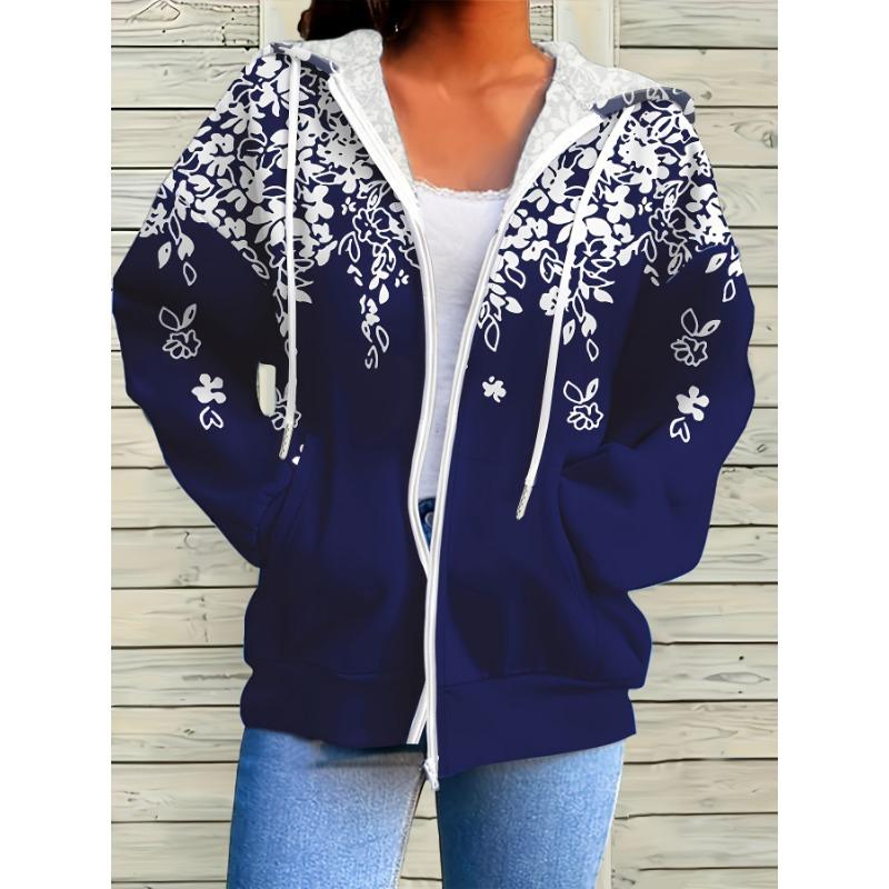 Plus Size Floral Print Zip-Up Hoodie for Women Stylish Comfortable Warm Casual Outerwear with Pockets