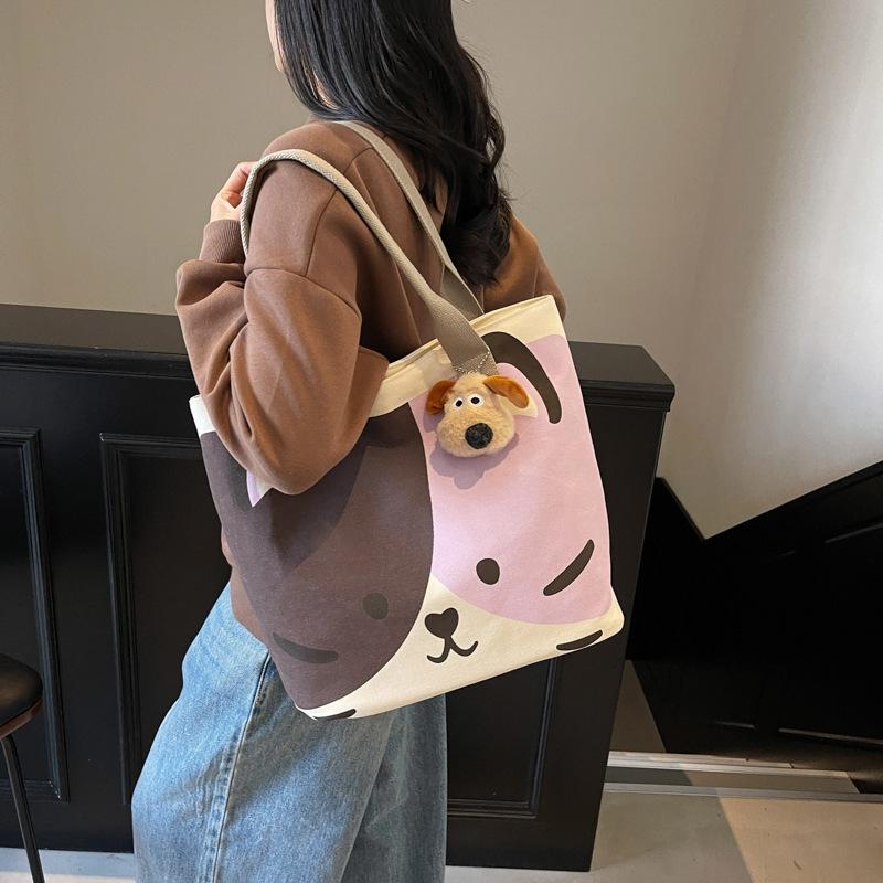 Canvas Bag Women's Large Capacity 2025 New Spring and Summer Versatile Shoulder Bag Casual Cartoon Student Class Tote Bag
