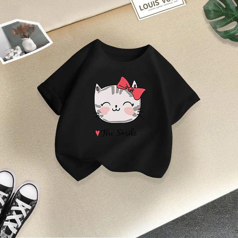 Dziecięcy T-shirt Urocze Zwierzęta Nadrukowane Dzieci 100% Bawełna Bluzki 2-13L Luźny Krój Casual O-Neck Krótki Rękaw T-shirt