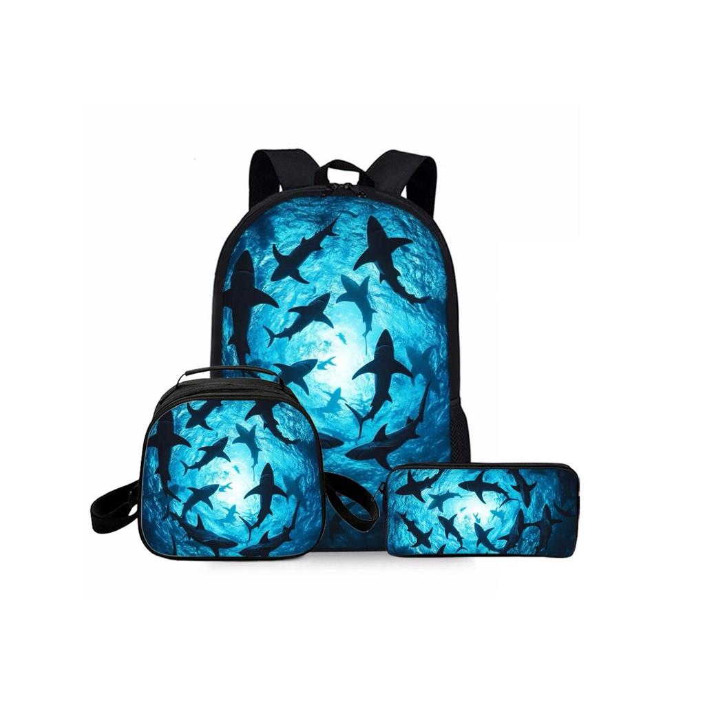Shark Marine Print Three Piece Set Backpacks for Boy/Girls Best Gift 2D Cartoon Fashionable School Bag for Children