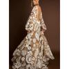 New European American Style Deep V Backless Tulle Embroidery Puff Sleeve Dress Evening Party Gown