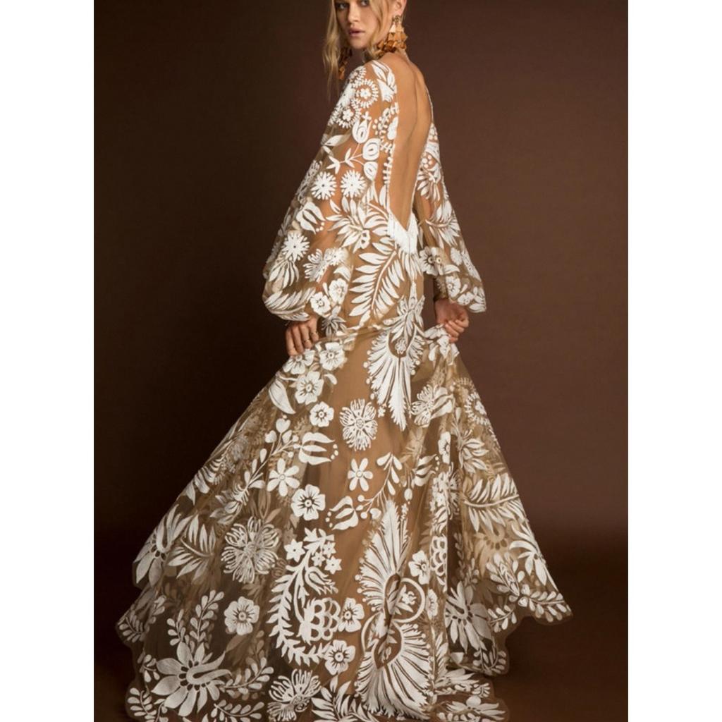 New European American Style Deep V Backless Tulle Embroidery Puff Sleeve Dress Evening Party Gown