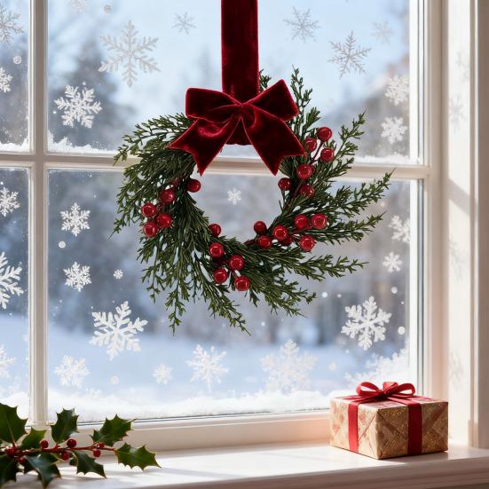 Artificial Christmas Wreath for Front Door 10 Inch Winter Greenery Wreath with Red Berries And Velvet Bow for Farmhouse Porch Wall Fireplace Decor