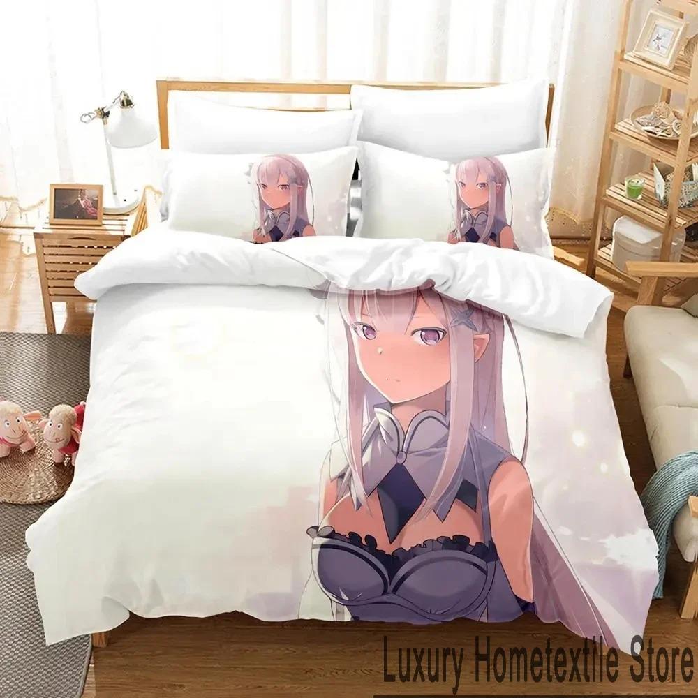 3D Anime Re Zero Rem Ram Emilia Bedding Set Duvet Cover Bed Set Quilt Cover Pillowcase Comforter King Queen Size Boys Adult