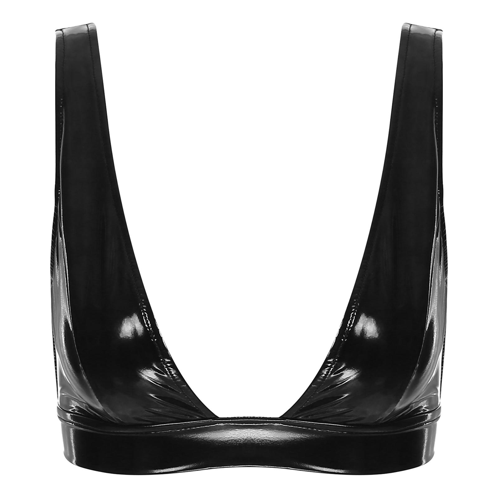 

Женский укороченный топ из лакированной кожи с широкими лямками, жилет с глубоким вырезом, мода для ночного клуба S чёрный