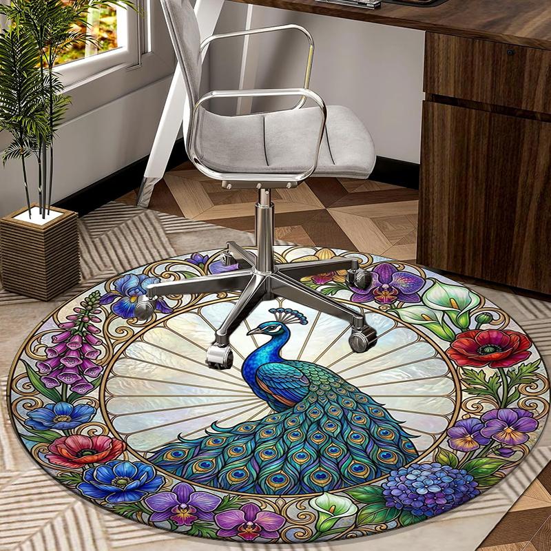 Blue Peacock Floral Art Round Carpet Chair Cushion Round Entryway Rug, Soft Round Rugs for Living Room, Bedroom, Circle Carpet Decor Gifts