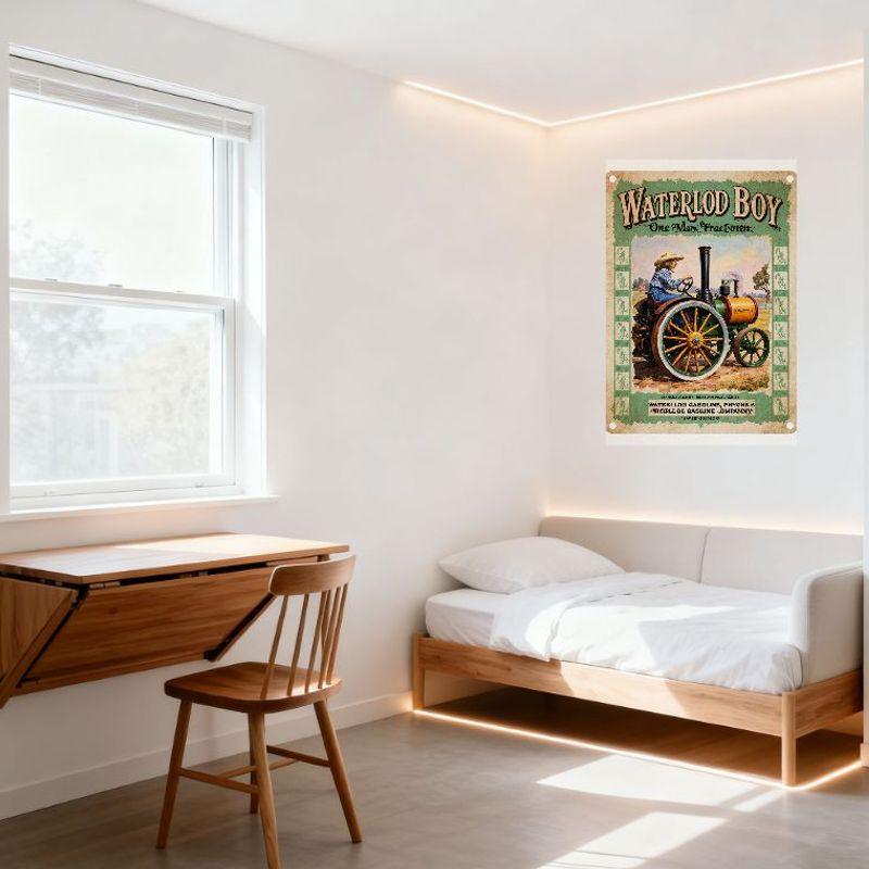 Vintage Waterloo Boy Steam Tractor Tin Sign, One Man Tractor Farm Scene Metal Poster for Bar Pub Home Wall Decor, Retro 1900s Ad