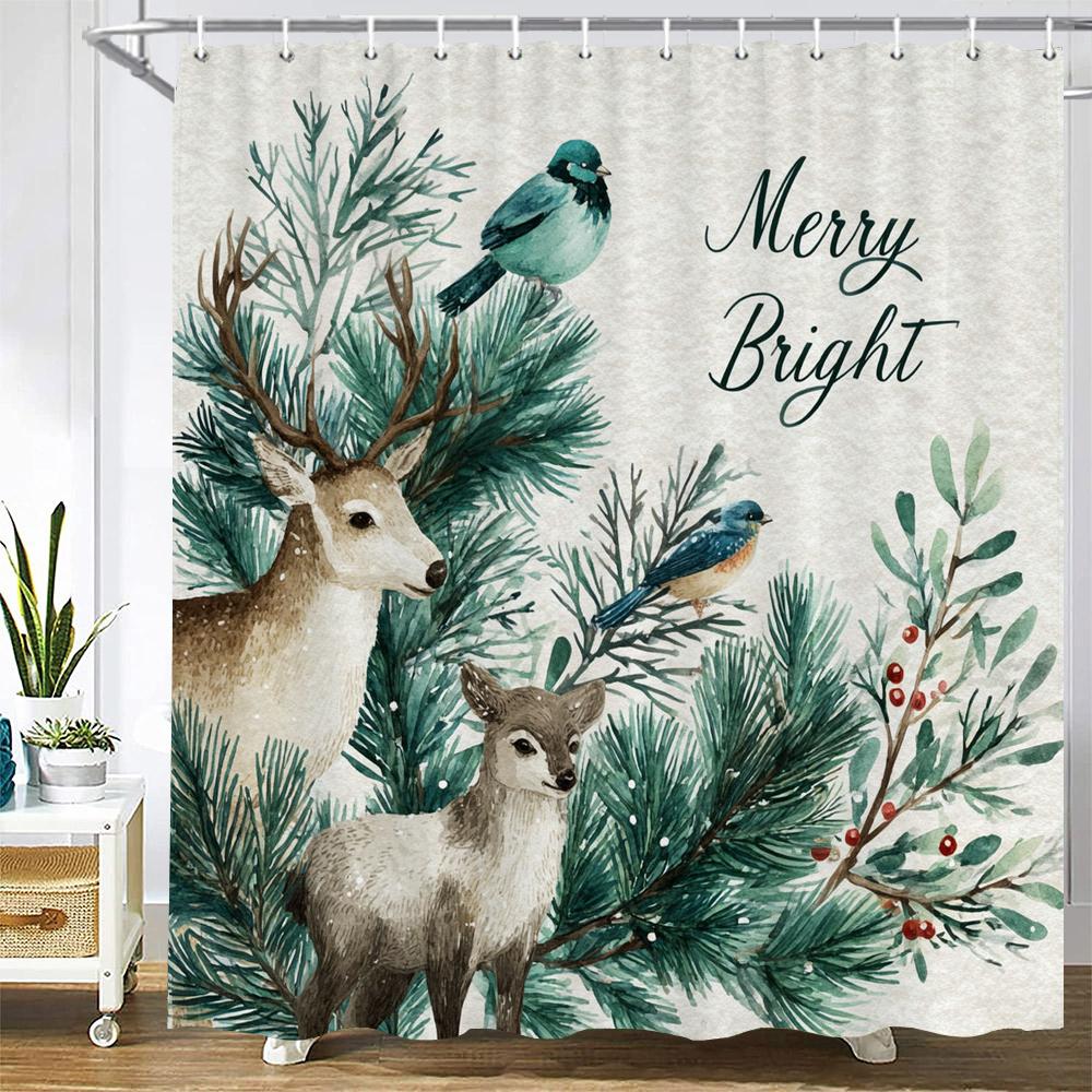Merry Christmas Shower Curtain Bath Curtain Elk Santa Claus Christmas Printed Polyester Bathroom Curtains for Home Decor curtain
