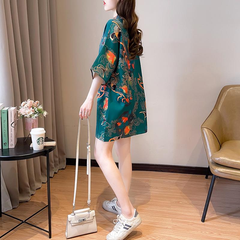Guochao Women's Frog Button Qipao T-Shirt, Short Sleeve, Mid-Length, Ancient Style, Chinese Round Neck Design