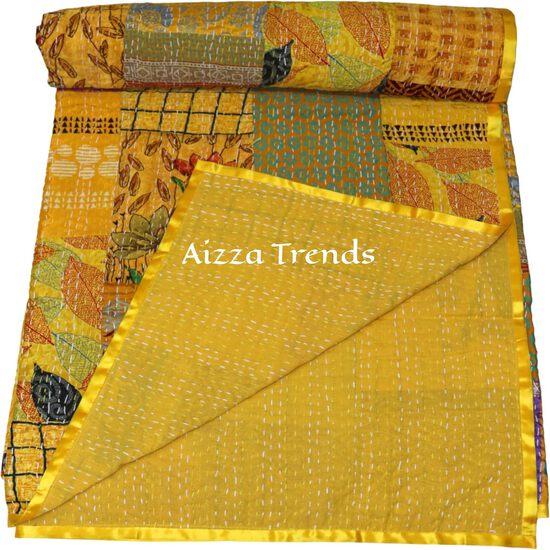Aizza Trends Handmade Pure Cotton Patch and Patola Work Kantha Quilt - Traditional Indian Throw Blanket-Vintage Cotton Silk Saree Quilt