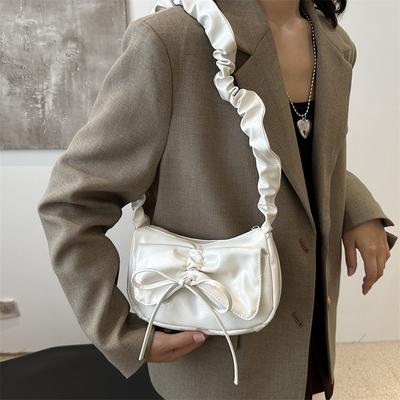 Soft PU Leather Women's Small Shoulder Bags Simple Ruched Design Ladies Underarm Bag Solid Color Bowknot Fashi Purse Handbags