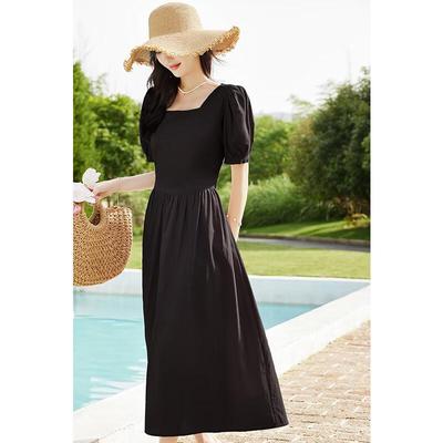 Women's Square Neck Backless Puff Sleeve A-line Midi Dress