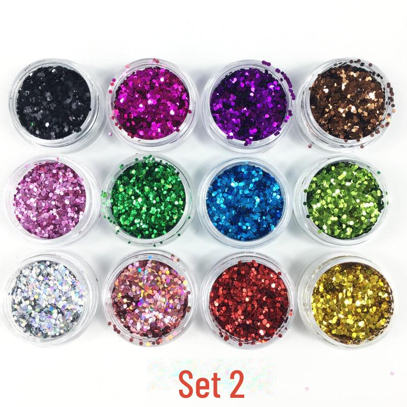 Nail Art Glitter Sequins Set: 12 Colors - Plum Blossom, Star, Hexagonal, Heart