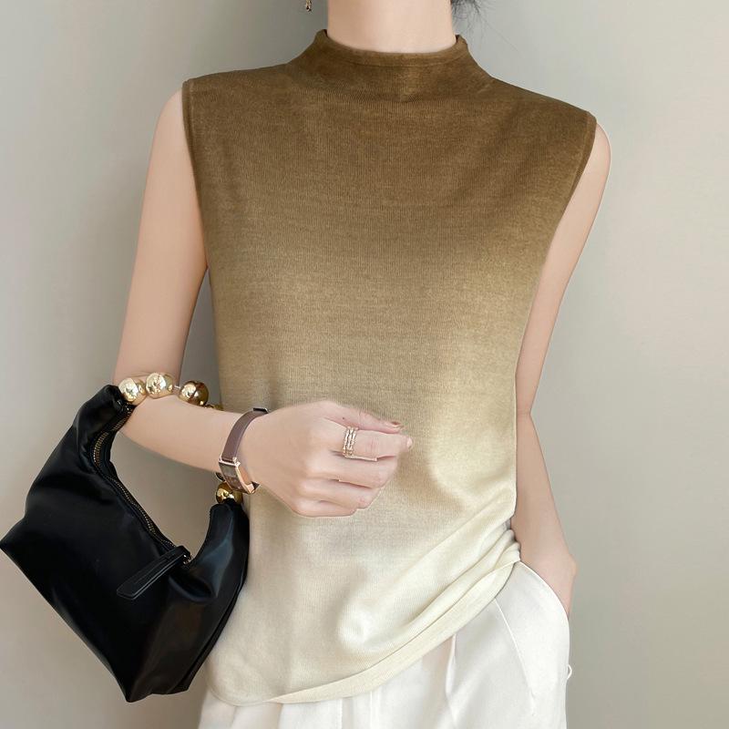 

Женский вязаный жилет из мериносовой шерсти с градиентом: Пуловер свободного кроя с полувысоким воротником на весну. XL