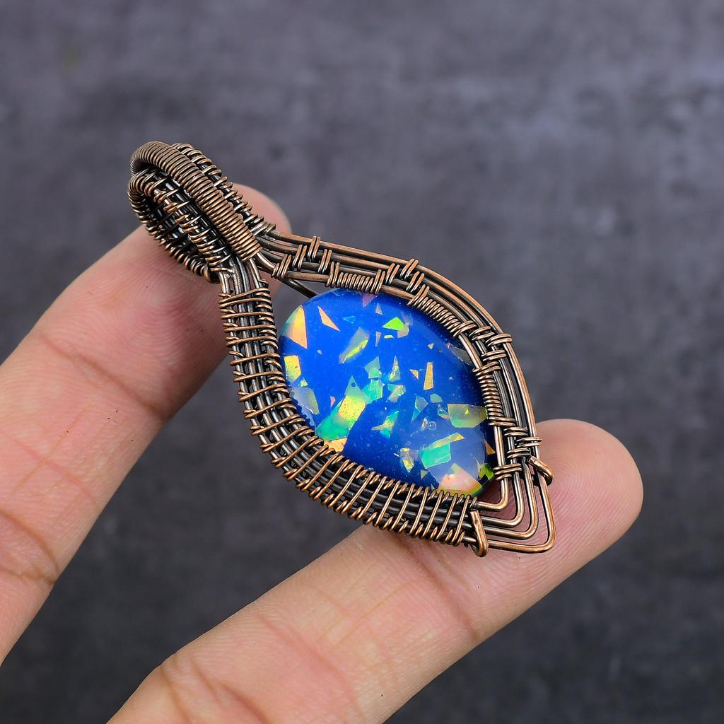 Blue Triplet Opal Gemstone Handmade Copper Wire Wrap Jewelry Pendant 2.56" C0u21