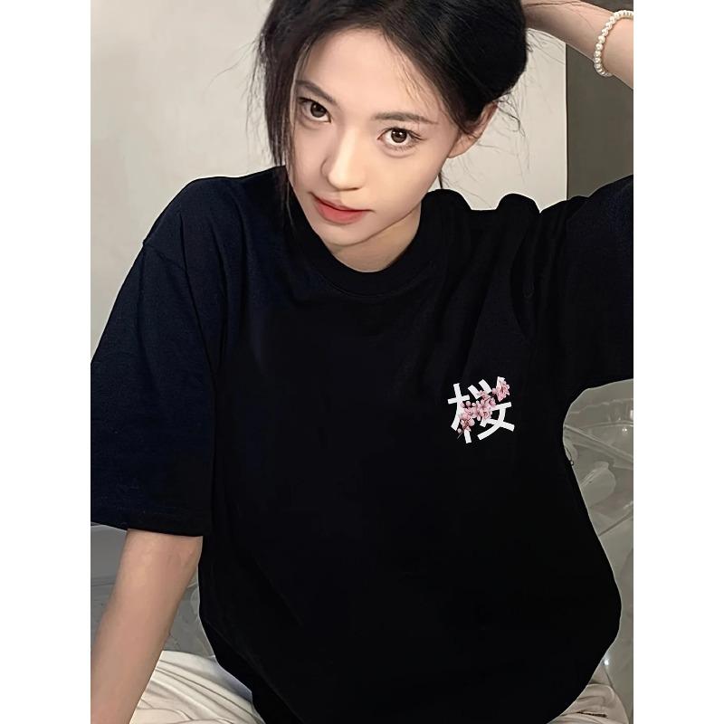 Summer Women's Y2K Floral Print Cotton T-Shirt Black Cherry Blossom Japanese Text Design Round Neck Short Sleeve Casual Top