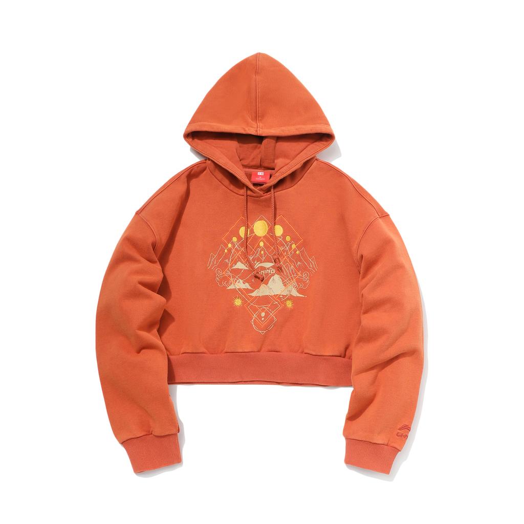Li Ning Sports Fashion Series Printed Letter Hooded Comfortable Breathable Versatile Loose Sweatshirt Women sweatshirt Caramel AWDP628-1