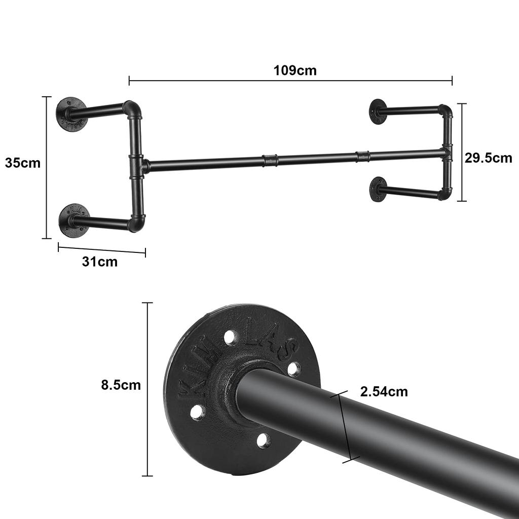 UNHO Hanger Iron Hanger Rack with Hanger 109cm 50kg Weight Stylish Wall Rugged DIY Display Black Pipe, Wall-Mounted Bar, Wide, Capacity, Antique-Style