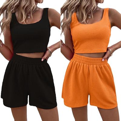 2PsTeenage Style Fresh Sweet Women's Knitted Sleeveless Fashion Casual Solid Colour Suit Black Vest Shorts Casual