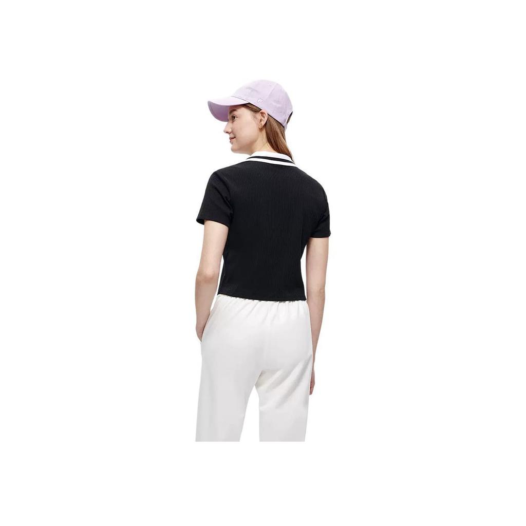 FILA Fusion Minimalist Sports Casual Color Block College Style Short Sleeve Polo Shirt Women tops Black T11W323111FBK