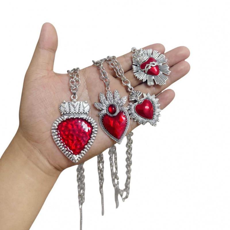 Fashionable Silver Plated Enamel Sacred Red Heart Necklace Pendant