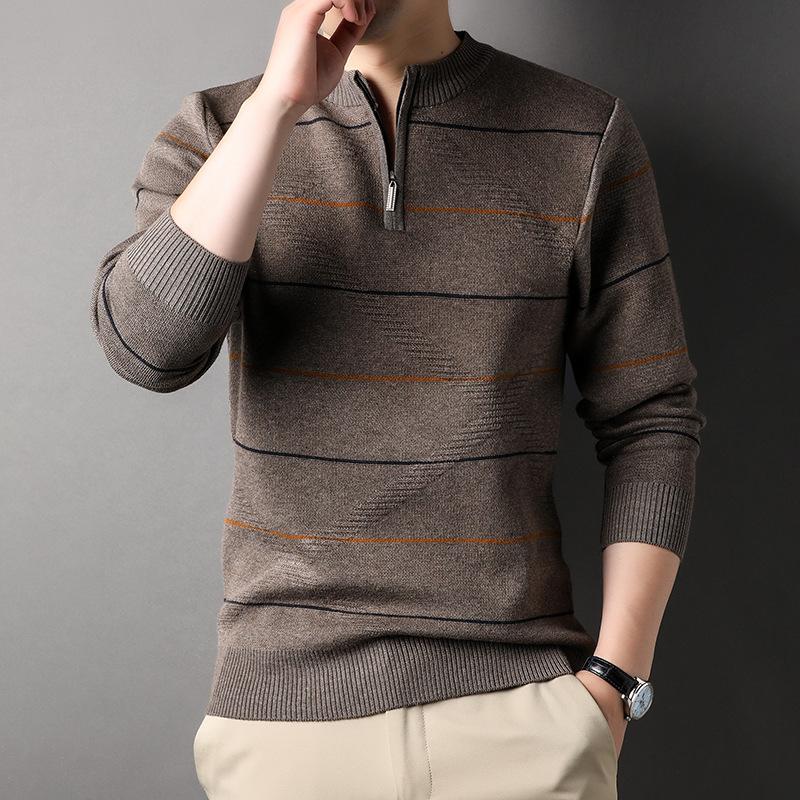 Men's Casual Striped Knit Sweater With 1/4 Zip, Long Sleeve Polyester & Acrylic Blend Top, Mature Style