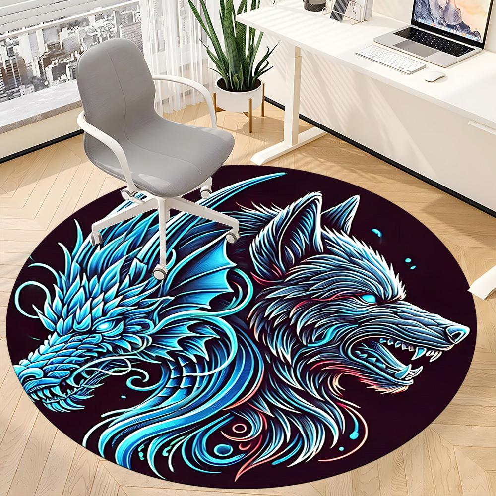1PC Wolf Dragon Head Office Round Rug, Non slip, Soft and Durable Office Rug for Interior Decoration, Perfect for Office