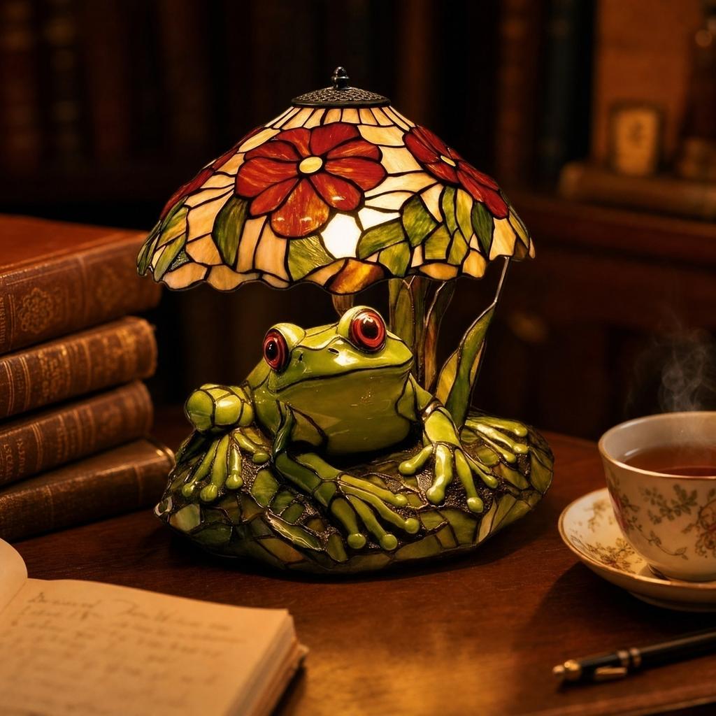 Resin Frog Figurine LED Table Lamp Stained Glass Style Shade Home Decoration Light Accent Piece for Living Room Bedroom Desk Use