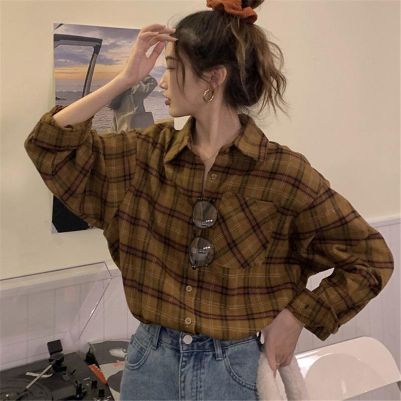 Women's Vintage Plaid Shirt Long Sleeve Loose Casual Button Up Blouse