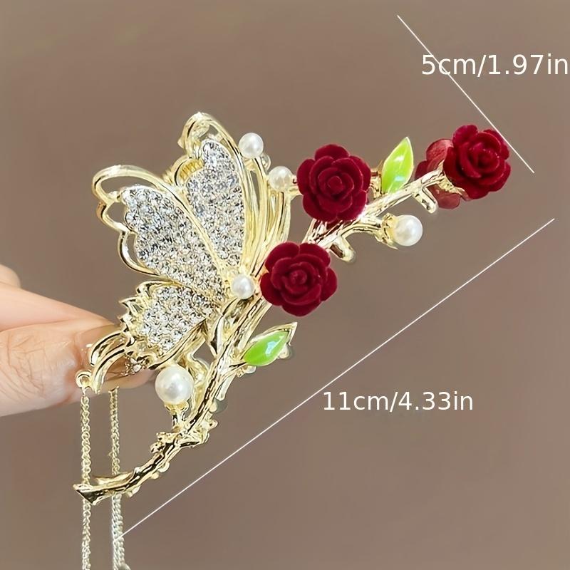 Delicate Long Faux Pearl Tassel Hair Claw, Butterfly Rhinestone Vintage Claw Clip, Women Girls Princess Style Hair Accessories