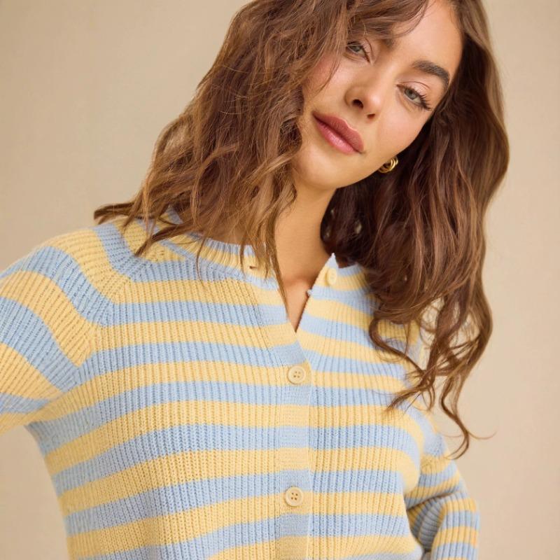 Women S Striped Crew Neck Loose Long Sleeve Knit Cardigan