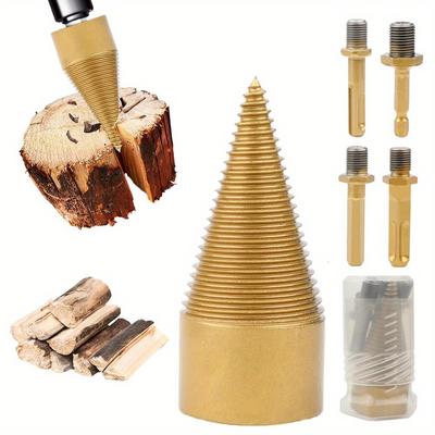 Brennholz-Bohrer-Set mit 4 Griffen, abnehmbares Brennholzspalter-Bohrer-Werkzeug 42 mm / 32 mm Kegel Holzspalter-Bohrer