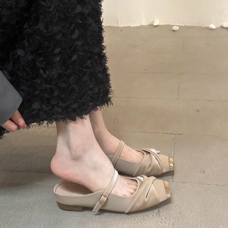 

Металлический квадратный носок плоский каблук полушлепанцы 2025 весна сумка голова мягкая кожа мягкая подошва тапочки женская обувь одно слово с туфлями Мэри Джейн 40 абрикосовый