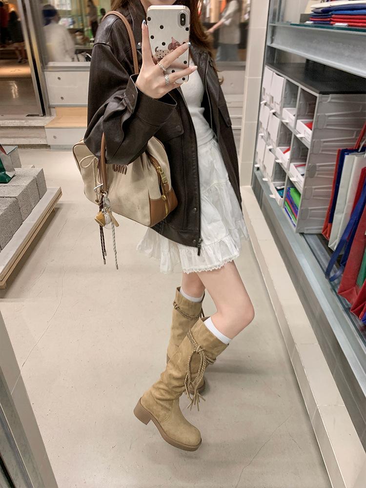 

[Su Yinyin of the same style] Egyptian boots~ fringed thick heel medium and high boots Western cowboy boots Women s stacking boots 35