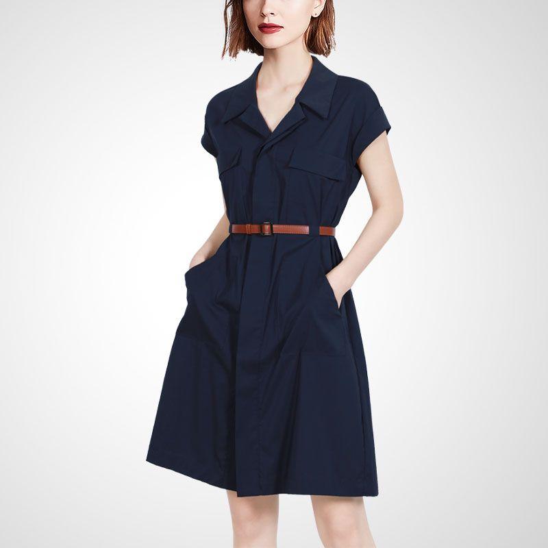 

Fashion Small Shirt Dress 2025 Summer New Arrival Minimalist Commuting Elegant Polo Collar Belt A- Line Skirt Navy blue- S