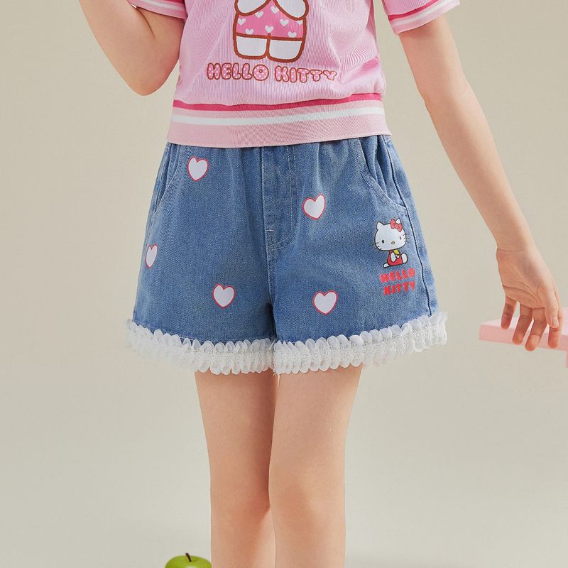 Джинсовые шорты для девочек Hello Kitty Летние 2025 Новые Мультяшные Милые Бабочка Кружево Детские Шорты Cowboy Blue 160
