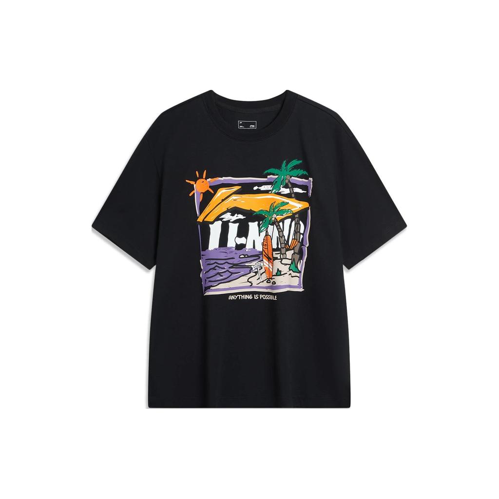 Li-Ning Pánské tričko s krátkým rukávem a kulatým výstřihem s potiskem ručně kresleného vzoru, cool a pohodlné, černé AHSU713-1