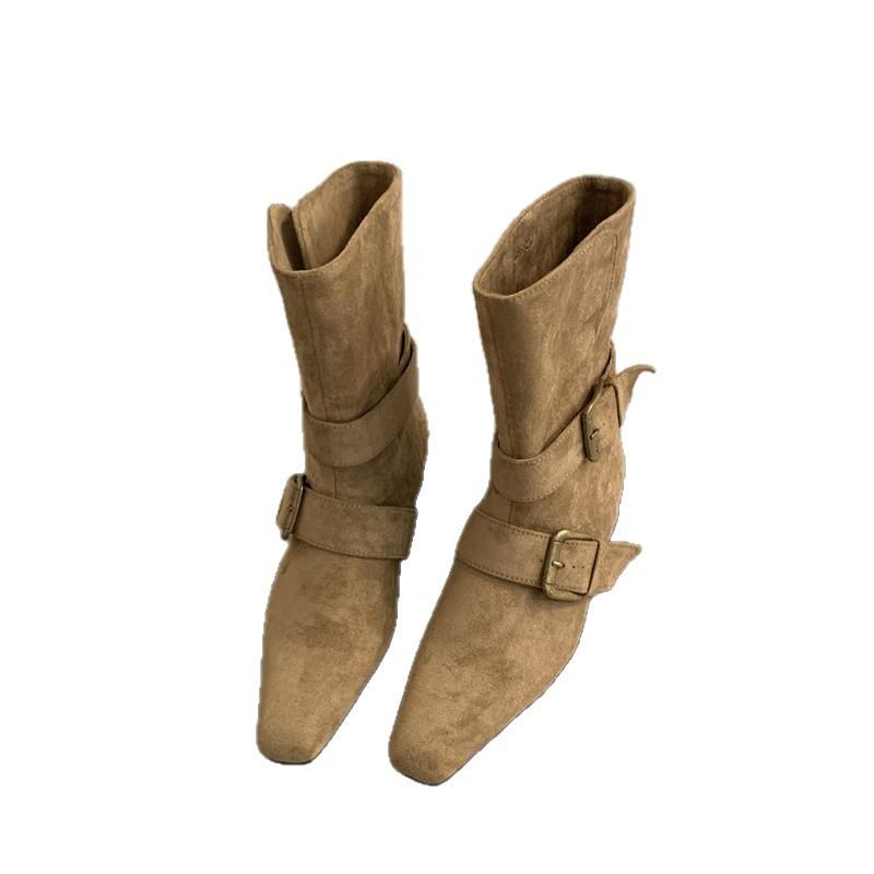 2025 Korean version of the new niche design retro French short boots small square head western boots matte medium boots women's boots