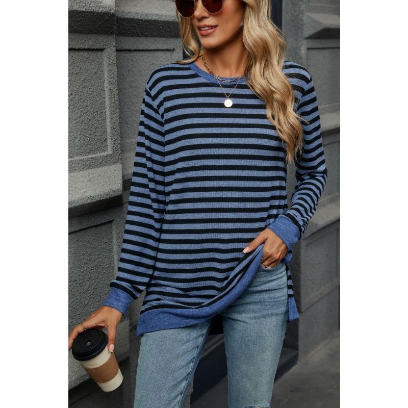 Autumn and Winter Women's Blouse Plus Size Striped Clashing Round Neck Long Sleeve Loose Top