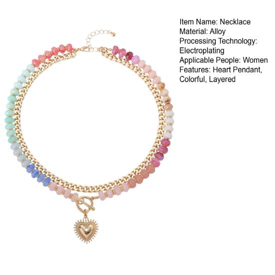 Buntes mehrschichtiges Perlenhalsband Damen Herzanhänger Perlenchoker Süßes Boho-Halsband für Mädchen Urlaub Sommer Strand