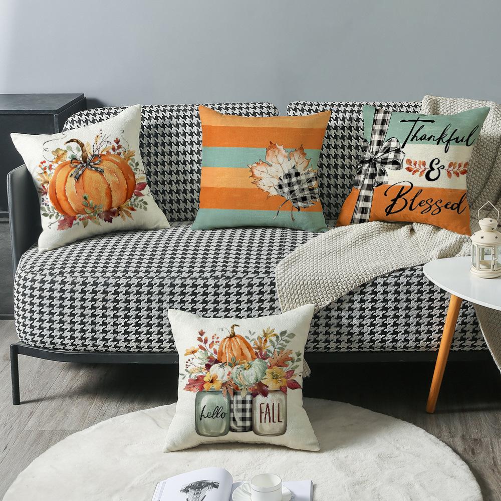 New Thanksgiving Letter Color Block Print Pillow Cover Pumpkin Element Sofa Home Lumbar Pillow