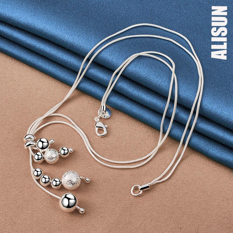 925 Sterling Silver Double Snake Chain Matte Smooth Bead Necklace Fashionable Wedding Jewelry