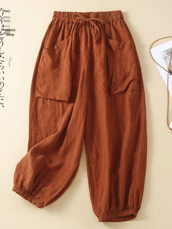 Women's Cotton Linen Harem Pants with Elastic Waist and Pockets