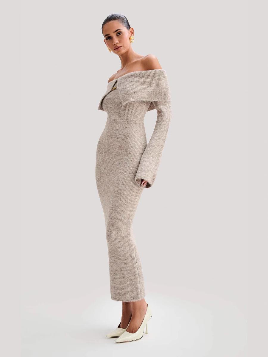 2026 Women s One-Shoulder Hip-Wrap Knit Dress - Slim Fit Long Sleeve Large