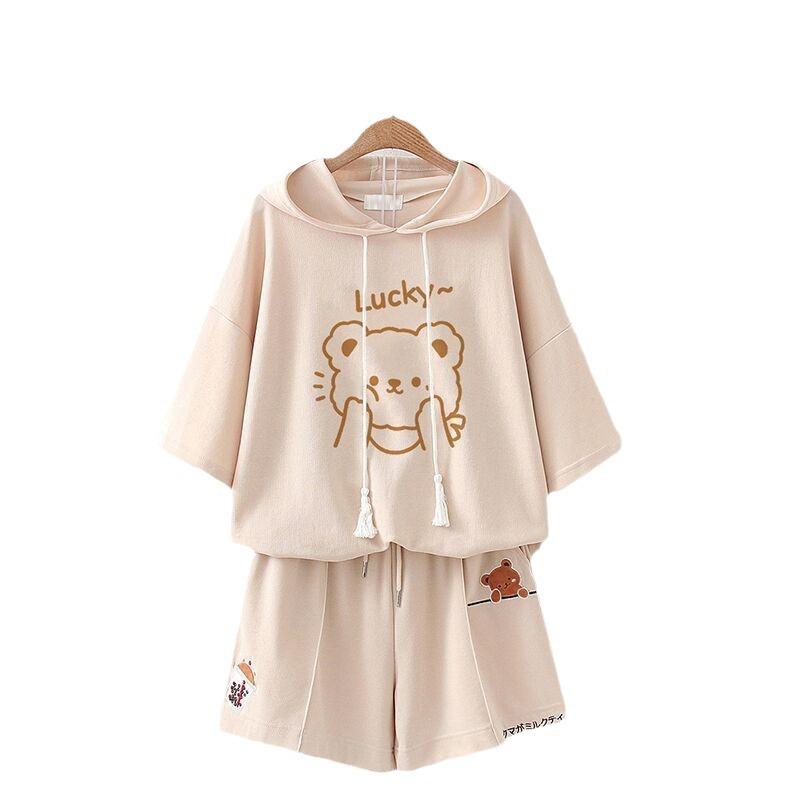 2024 Junior High Girls' Cute Bear T-Shirt & Shorts Set - Japanese Style