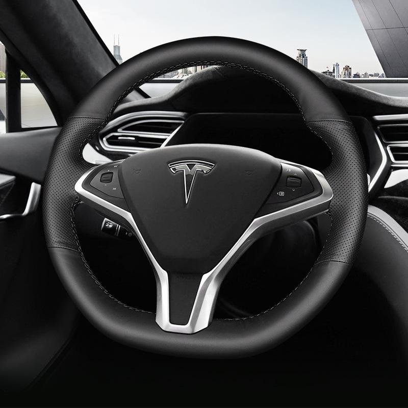Tesla Hand-Stitched Genuine Leather Steering Wheel Cover for Models 3/Y/X/S - Full Coverage, Anti-Slip Grip.