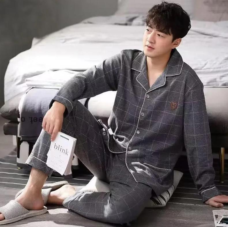 

Men s Pajamas Loose Long Sleeved Cardigan Set Casual Home Wear Two-piece Set XL