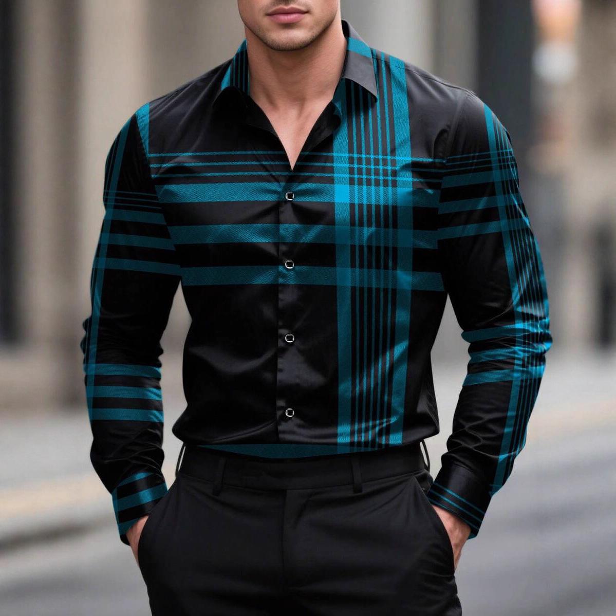 Men Lapel Long Sleeve Shirt Contrast Plaid Check Print Single Breasted Button Slim Business Casual Dress Blouse XL