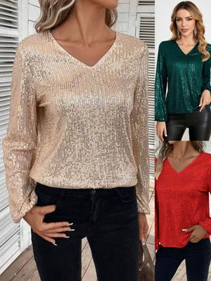Elegantes Pailletten V-Ausschnitt Lockeres Langarm Damen Oberteil