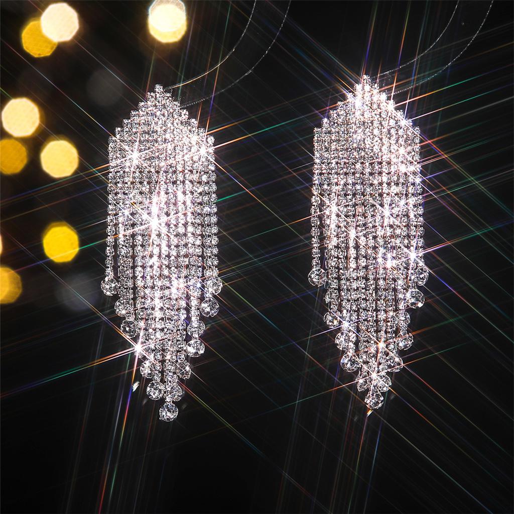 Luxury Super Flash Rhinestone Long Fringed Earrings